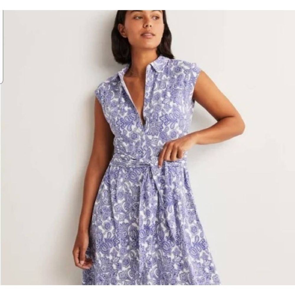 BODEN TIE WAIST JERSEY SHIRT DRESS BLUE PAISLEY sz 6R